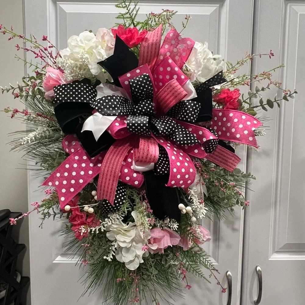 Festive Pink and Black Polka Dot Holiday Wreath